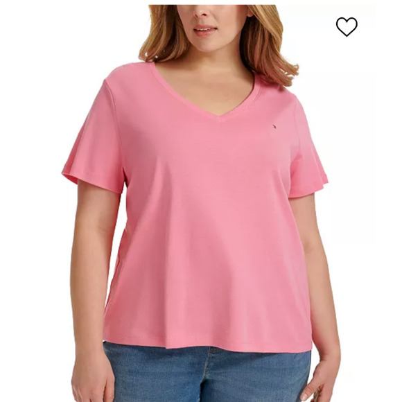 Tommy Hilfiger T Shirt Women's 0X XL V Neck Pink Casual‎ Short Sleeve Logo Tee - Picture 1 of 4